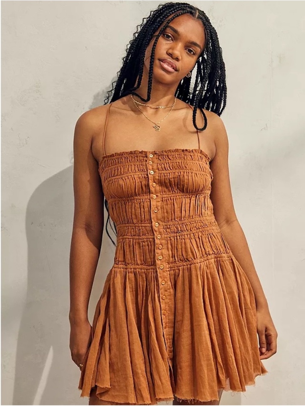 Free People Smocked Button-Front Mini Dress